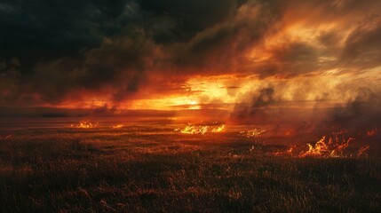 Obraz premium Desolate Landscape: Environmental Disaster Unfolded as Fires Engulf Dry Stubble and Grasslands