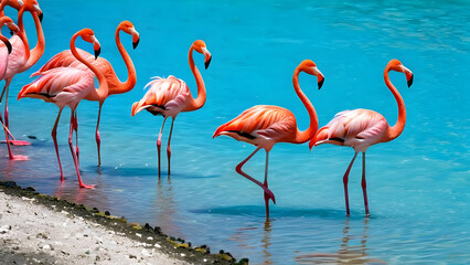 Obraz premium Wild african birds. Group birds of pink african flamingos walking around the blue lagoon on a sunny day