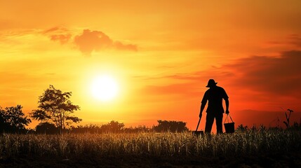 Fototapeta premium A hardworking farmer laboring under the intense heat of a big sun, wearing a wide-brimmed hat to shield from the sun's rays. The vast, open field stretches out in the background