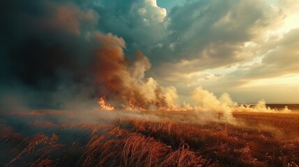 Fototapeta premium Ecological Tragedy: Smoldering Remains of a Once-Green Meadow Ravaged by Flame and Smoke