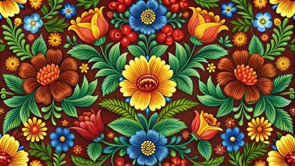 A vibrant tapestry of stylized floral motifs, adorned with blooming blossoms in rich hues of red, yellow, and blue, set against a deep burgundy background.
