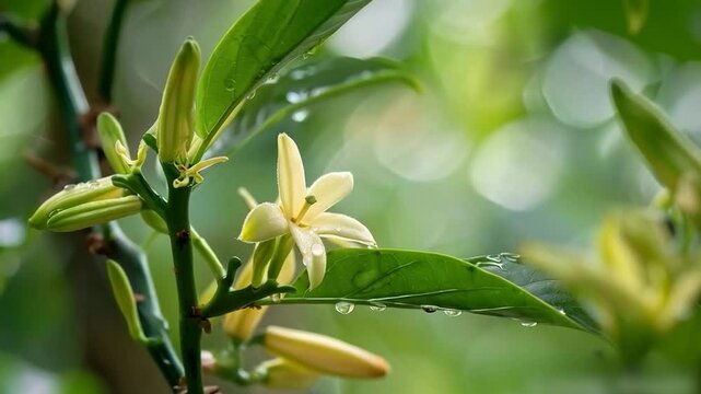 vanilla flowers on vanilla plant on tree with waterdrops
