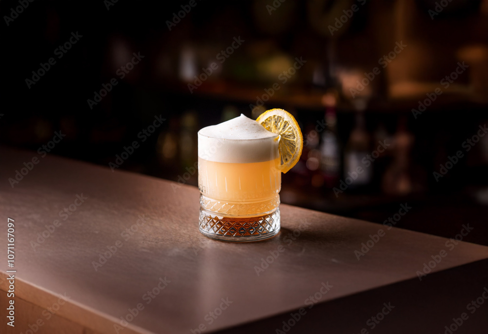 Poster a refreshing cocktail with a creamy foam top and a lemon wedge garnish sits on a bar counter in fron