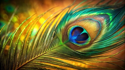 Obraz premium A Single Peacock Feather With Its Characteristic Eye-like Pattern, Captured In Close-Up Against A Softly Focused Background of Warm Hues