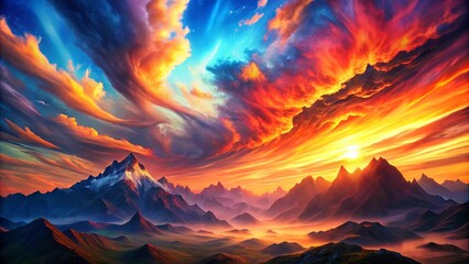 A fiery sunset paints the sky with vibrant hues, casting a warm glow on the majestic mountain range below.