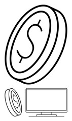 Tilted coin with prominent dollar sign near a widescreen computer monitor. Ideal for finance, investment, banking, technology, cryptocurrency, digital transactions, online banking. Line metaphor