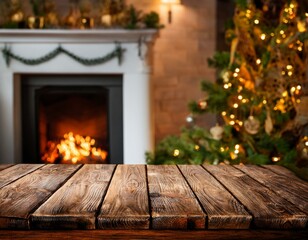 Wooden table top fireplace christmas decor.