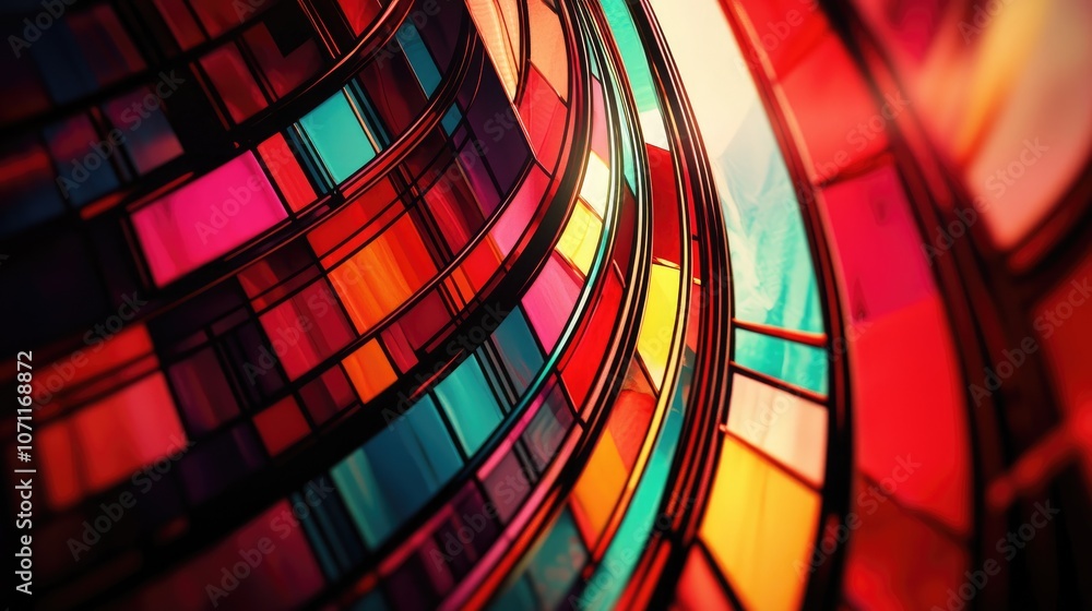 Poster abstract geometric pattern of colorful glass panels creating a spiral effect.