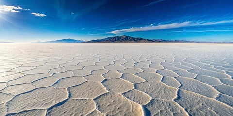 A vast, white, hexagonal salt flat stretches towards distant, hazy mountains under a vibrant blue sky.