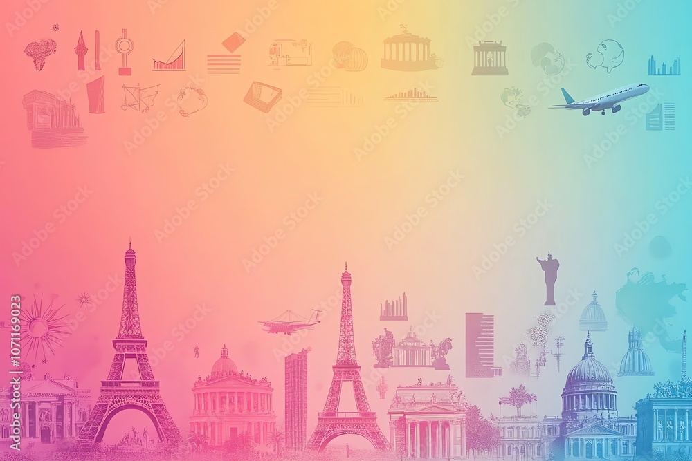Poster a colorful abstract background with icons representing various aspects of travel, business, and cult