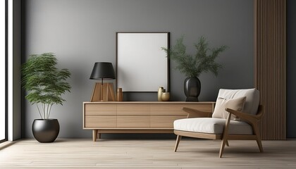 Interior of living room with dresser and armchair 3d rendering