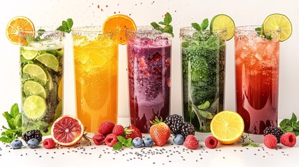 Set with different delicious smoothies in glasses on white background, banner design