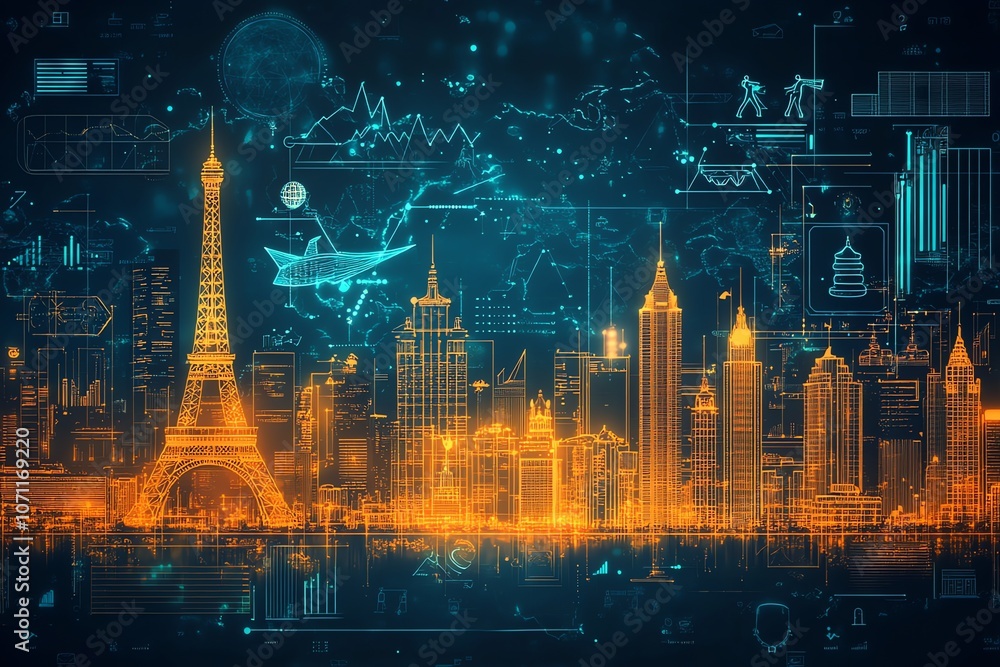 Poster a futuristic cityscape with digital overlays of data and icons representing travel, technology, and 