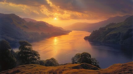 Golden Sunset Over a Mountain Lake