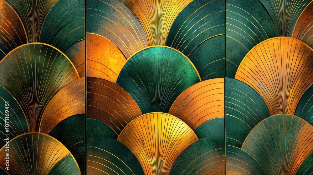 Poster abstract geometric pattern of green and gold semicircles with a textured background.