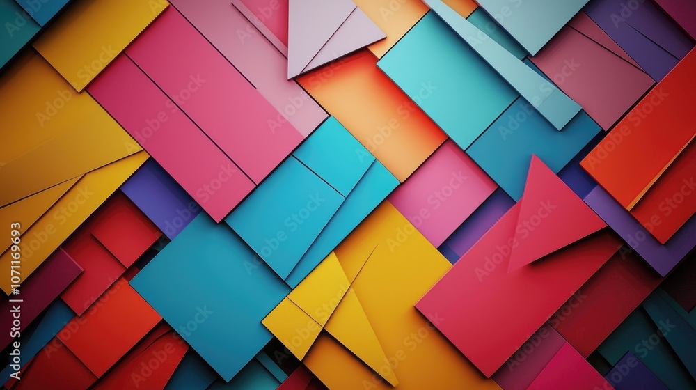 Poster abstract geometric pattern with colorful overlapping squares and triangles.
