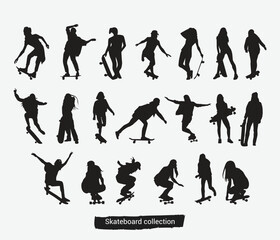  Vector hand drawn skateboard skating silhouette set