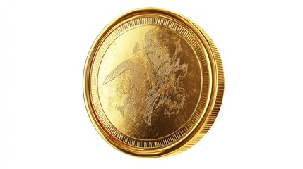 Gold coin with top-down view, isolated on white with shiny and polished texture, rendered in 3D.