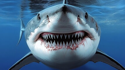 Naklejka premium Close-up Portrait of a Great White Shark, Underwater View with Open Jaws, Showing Teeth.