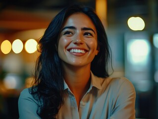 Smiling Woman in Casual Attire at Night