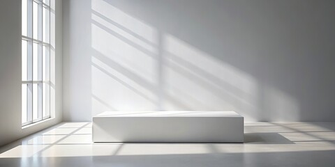 Obraz premium A Minimalist White Room with a Rectangular Platform Illuminated by Sunlight Streaming Through a Window