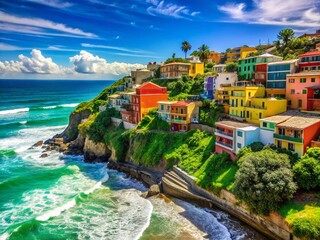 Naklejka premium Stunning Beachside Buildings Nestled on Hills with a Breathtaking View of the Vast Ocean and Clear Blue Skies, Perfect for Coastal Landscape Photography Enthusiasts