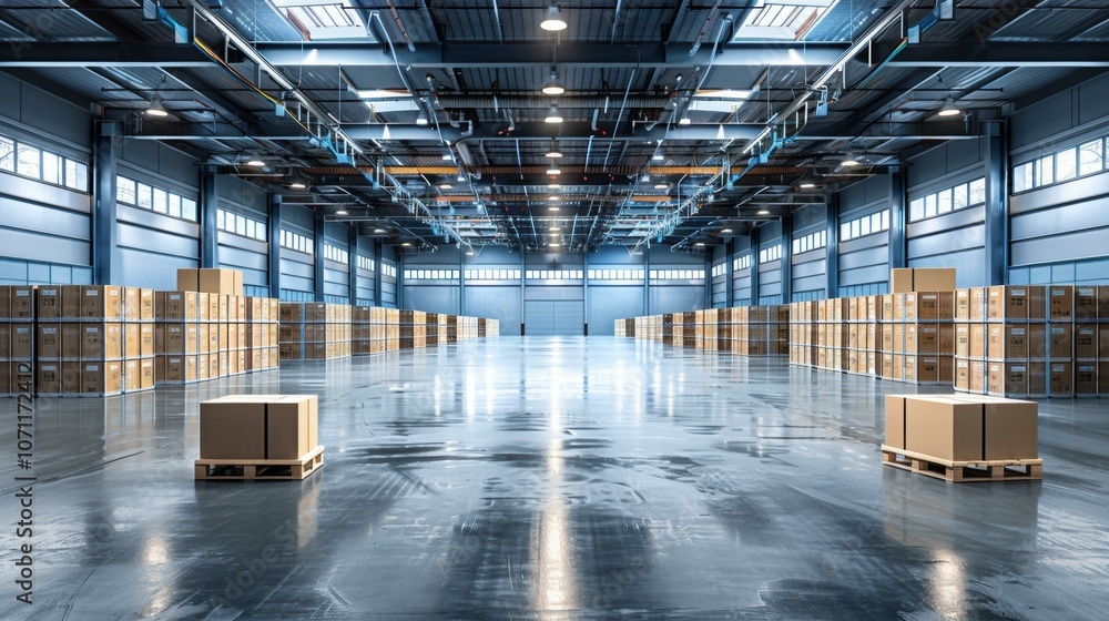 Poster a large empty warehouse with rows of stacked boxes. ai.