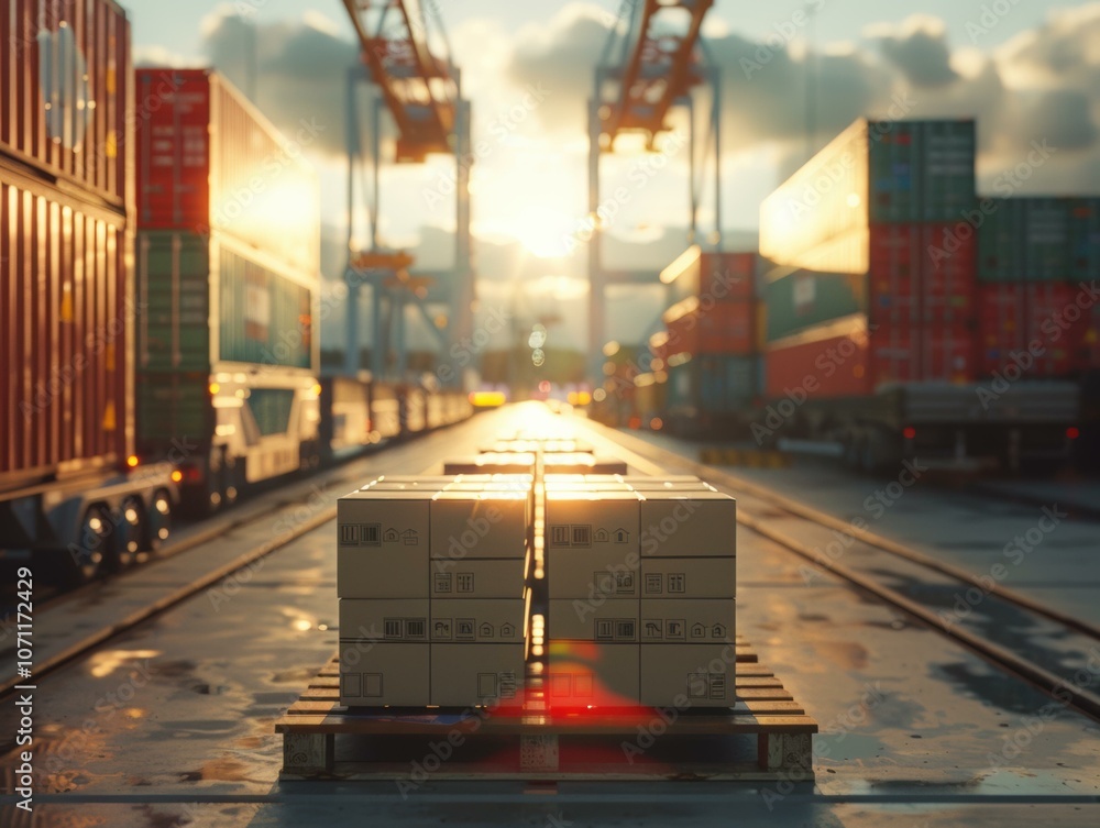 Poster a pallet of cardboard boxes sits on a dock with cargo containers in the background. ai.
