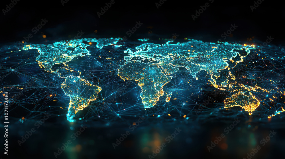 Poster digital world map illuminated with glowing connections and networks