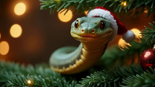 Green snake in red santa hat sitting on Christmas tree. Cute animal character, zodiac sign. Symbol of Chinese New Year 2025. Exotic animal