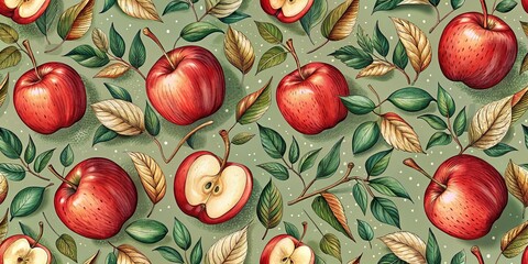 A seamless pattern of red apples and autumnal foliage against a soft green backdrop, creating a vibrant tapestry of nature's bounty.