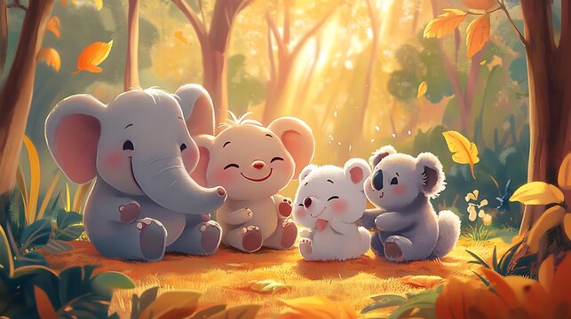 A heartwarming illustration of friendly cartoon animals, including a smiling elephant, a playful puppy, and a cuddly koala, all gathered together in a joyful scene. 