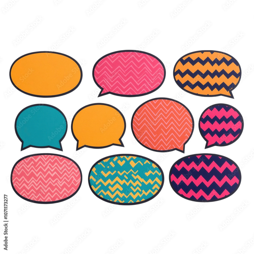 Poster colorful speech bubbles in various shapes and patterns, perfect for social media graphics and commun