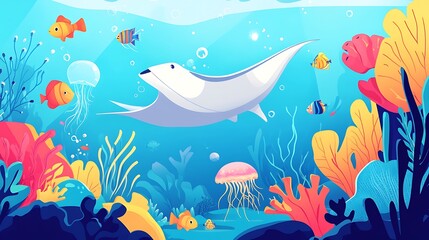 A lively underwater cartoon illustration with cheerful marine animals, including a manta ray, jellyfish, and a school of fish, all swimming in a colorful reef. 