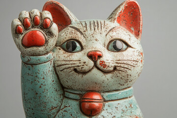 a Chinese lucky cat figurine with raised paw.