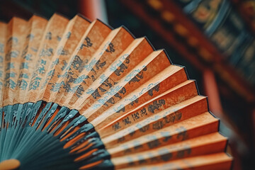 a Chinese paper fan with intricate painted designs.