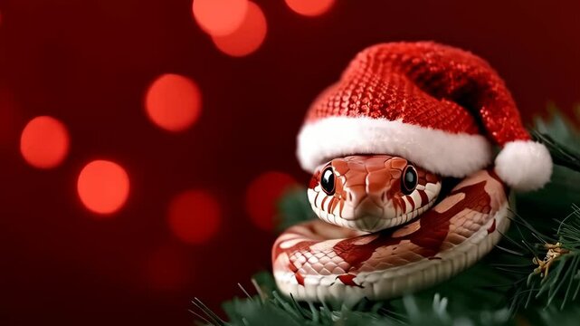 Snake in red santa hat sitting on Christmas tree on blurred background. Cute animal character, zodiac sign. Symbol of Chinese New Year 2025. Exotic animal