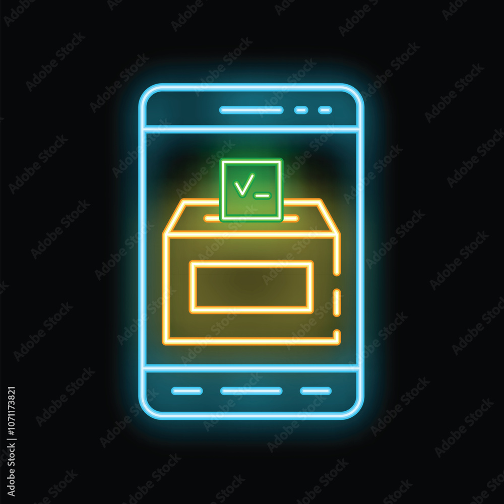 Poster neon sign representing online voting using a smartphone application with a ballot box and a check ma