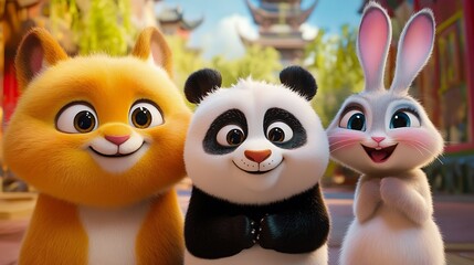 Fototapeta premium Cartoon animals with warm, friendly expressions, including a cheerful panda, a laughing bunny, and a relaxed cat, in a bright and colorful background. 