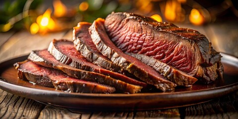 Perfectly Seared and Sliced, the Juicy Meat Glistens under Warm Lighting, a Culinary Delight for the Senses