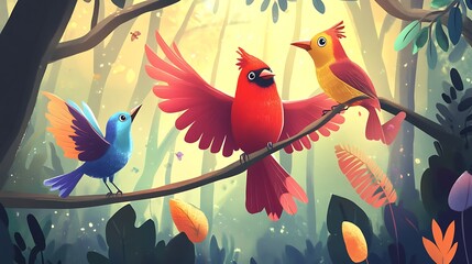 Cartoon birds in a colorful forest scene, featuring a cardinal, hummingbird, and canary, each with lively poses and unique feather patterns. 