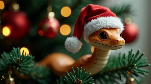 Snake in red santa hat sitting on Christmas tree on blurred background. Cute animal character, zodiac sign. Symbol of Chinese New Year 2025. Exotic animal