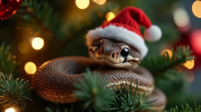 Snake in red santa hat sitting on Christmas tree on blurred background. Cute animal character, zodiac sign. Symbol of Chinese New Year 2025. Exotic animal