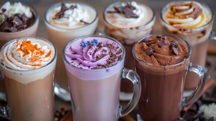 A selection of gourmet hot chocolate blends featuring unique flavors like lavender chili pepper and sea salt caramel for the adventurous taste buds.