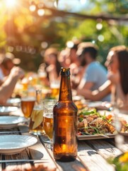 A bottle of beer sits on a table with food and drinks, surrounded by blurry people. AI. © Natalia