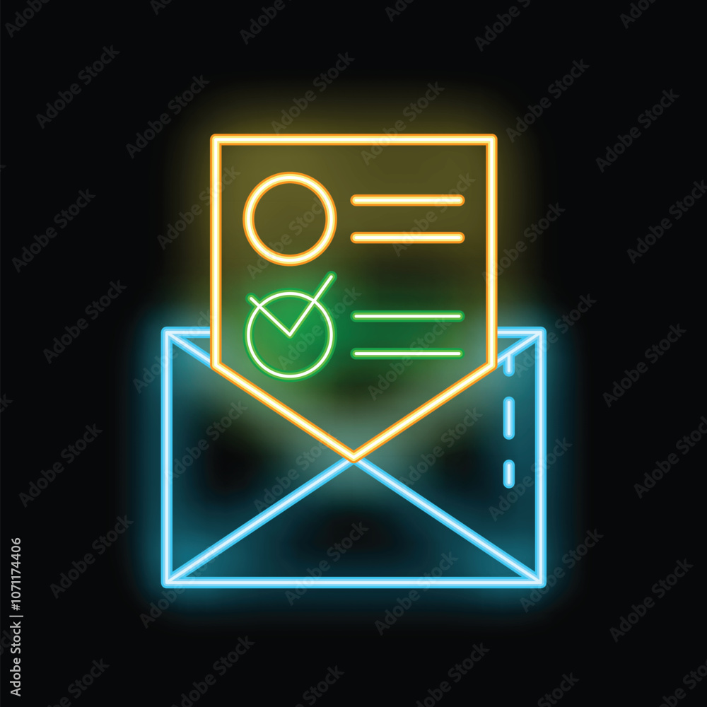 Aufkleber bright neon icon of an envelope containing a document with checked items, representing an online sur