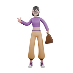  Lively Cartoon Dancer.  A female dancer is standing with her left hand holding a bag and her right hand pointing to the right. 3D Animation Ready