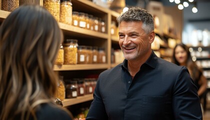 Fototapeta premium A friendly shopkeeper helps a customer find the perfect product. AI.