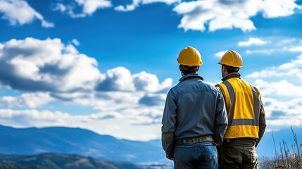 Two construction workers in hard hats are standing outdoors, looking at a distant mountain landscape under a clear blue sky.