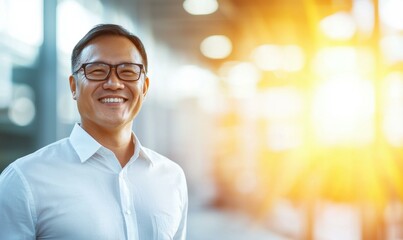 Obraz premium A man in glasses smiles confidently. AI.